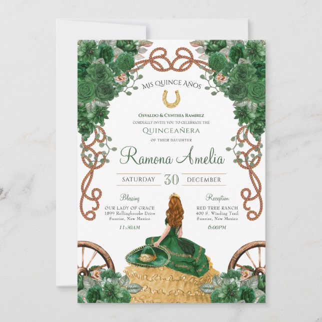 Green Floral Country Western Charro Quinceañera  Invitation (Front)