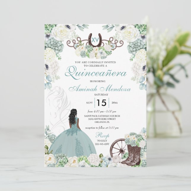 Green Floral Cowgirl Horseshoe Western Quinceañera Invitation (Standing Front)