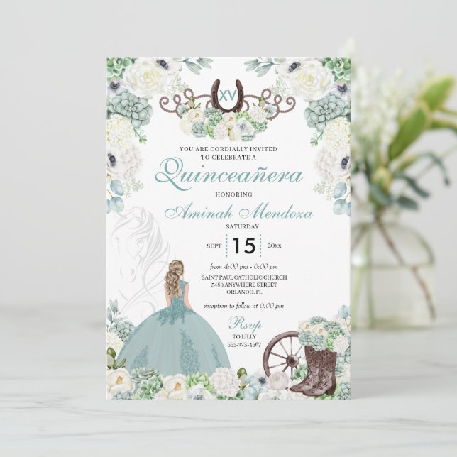 Green Floral Cowgirl Horseshoe Western Quinceañera Invitation (Standing Front)