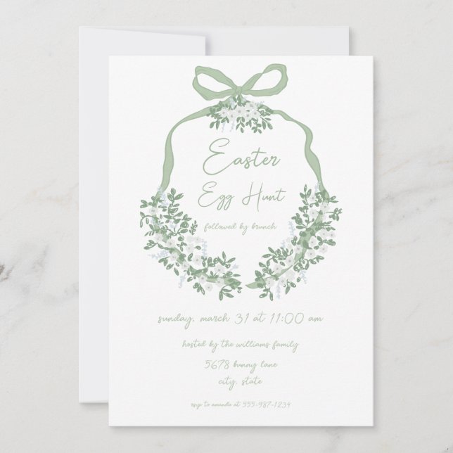 Green Floral Crest Easter Egg Hunt & Brunch Invite (Front)
