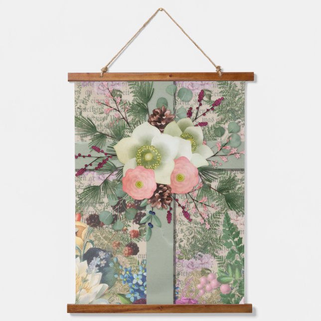 Green Floral Cross Hanging Tapestry (Front)