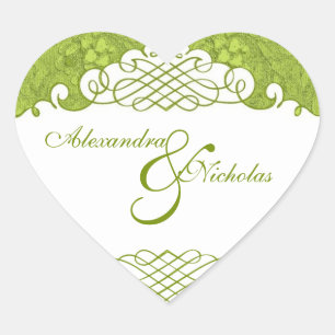 Green Floral Damask and Scrolls Wedding Stickers