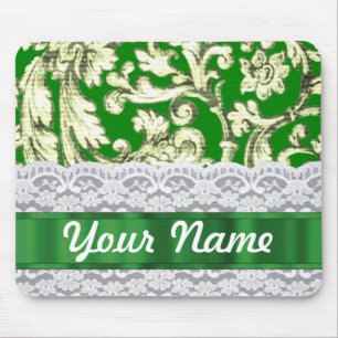 Green floral damask mouse mat
