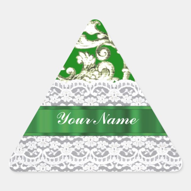 Green floral damask triangle sticker (Front)