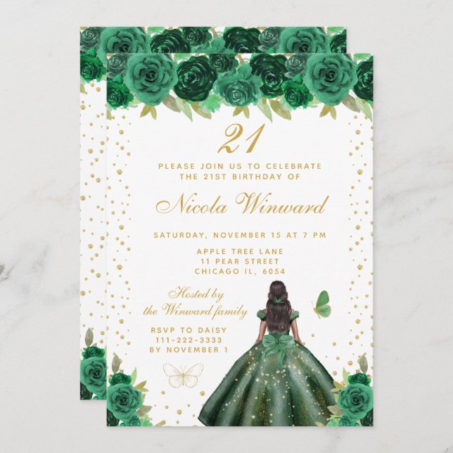 Green Floral Dark Skin Princess Birthday Party Invitation (Front/Back)