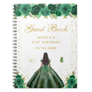 Green Floral Dark Skin Princess Birthday Party Notebook