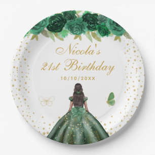 Green Floral Dark Skin Princess Birthday Party Paper Plate
