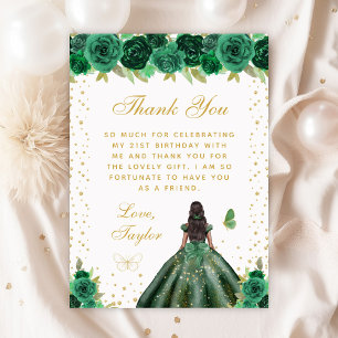Green Floral Dark Skin Princess Birthday Party Thank You Card