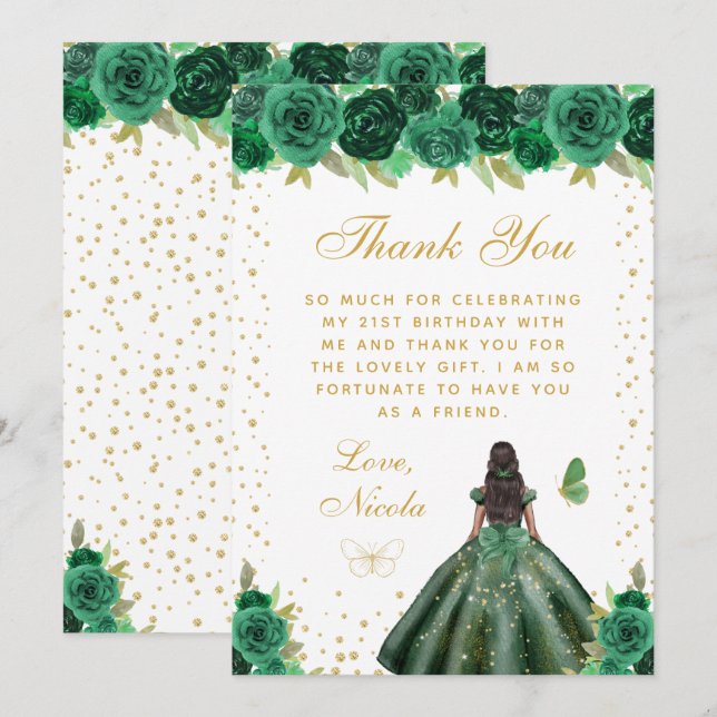 Green Floral Dark Skin Princess Birthday Party Thank You Card (Front/Back)
