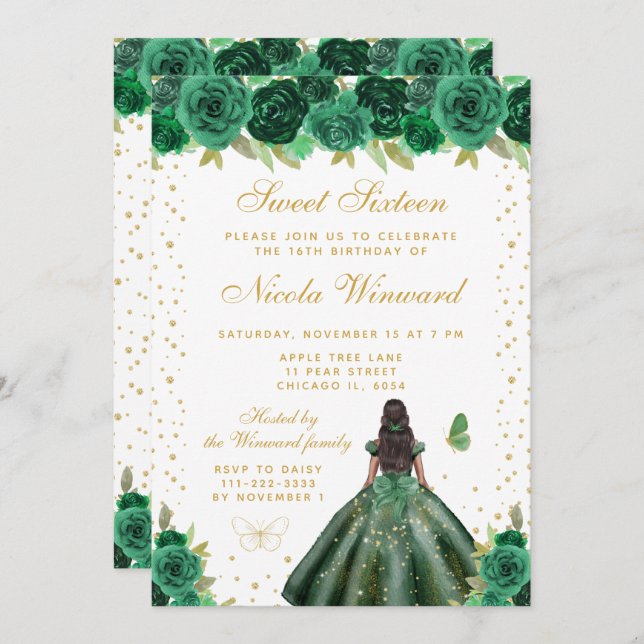 Green Floral Dark Skin Princess Sweet Sixteen Invitation (Front/Back)