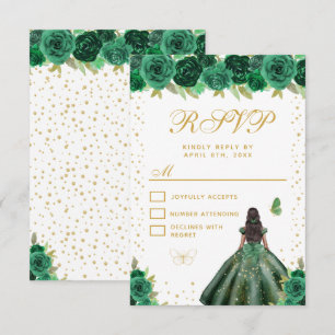 Green Floral Dark Skin Princess Sweet Sixteen RSVP Card