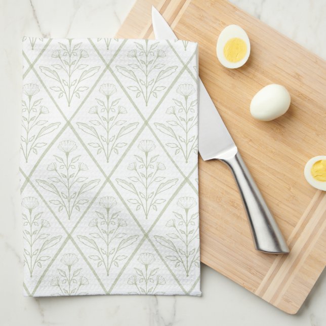 Green Floral Diamond Kitchen Towel (Quarter Fold)