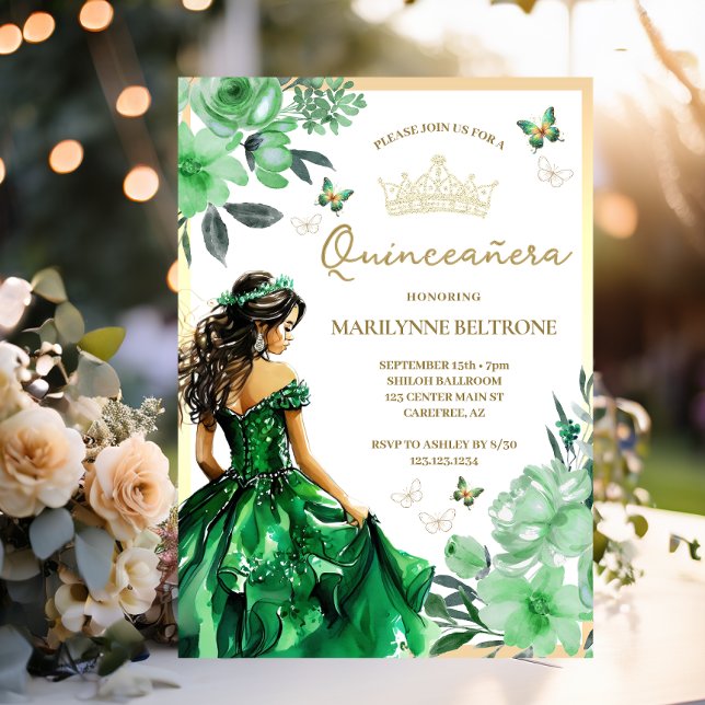 Green Floral Dress Butterfly Quinceañera  Invitation (Creator Uploaded)