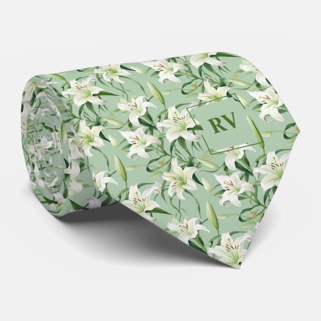 Green Floral Easter Lily Tie (Rolled)