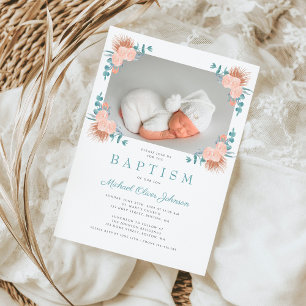 Green Floral Elegant Boy Photo Baptism Invitation