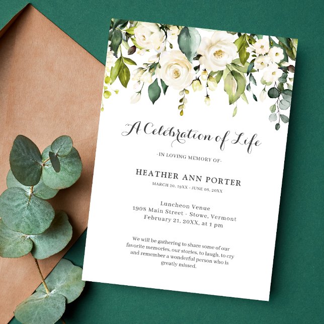 Green Floral Elegant Celebration of Life Funeral Invitation (Floral Celebration of Life Invitation)