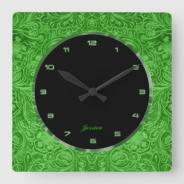 Green Floral Faux Leather Embossed Look Square Wall Clock (Front)
