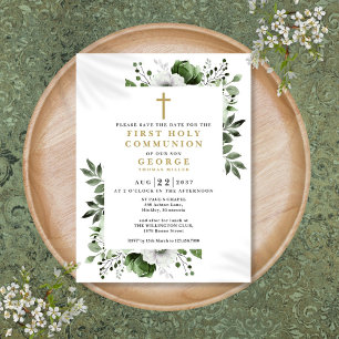 Green Floral First Holy Communion Save The Date Postcard
