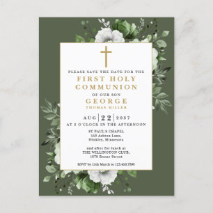 Green Floral First Holy Communion Save The Date Postcard