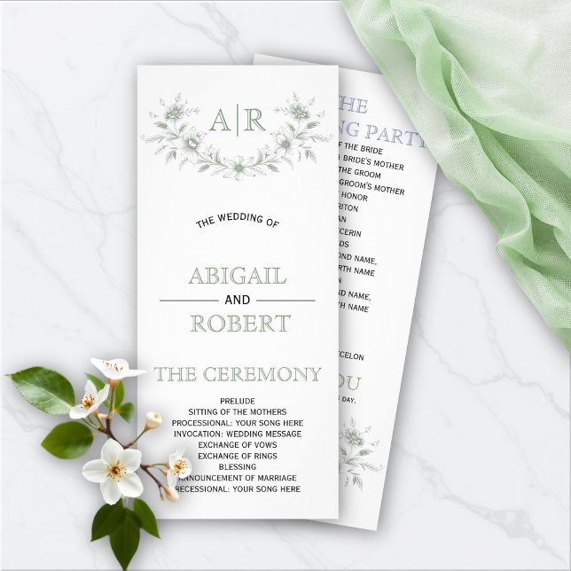 Green floral frame with monogram wedding program rack card (Creator Uploaded)