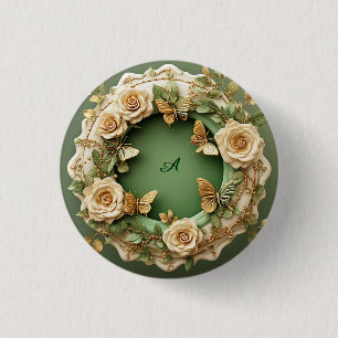 Green Floral Frame With Pink Roses 3 Cm Round Badge