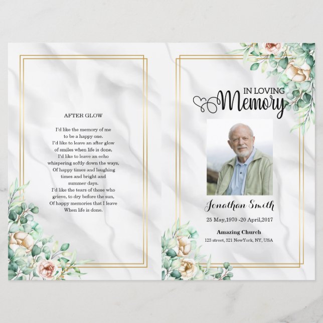 Green floral Funeral Program template (Front)