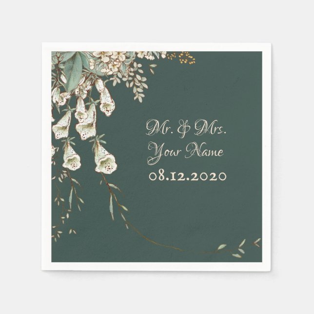 Green Floral Garland Script Elegant Wedding Napkin (Front)