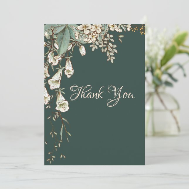 Green Floral Garland Script Elegant Wedding Thank You Card (Standing Front)