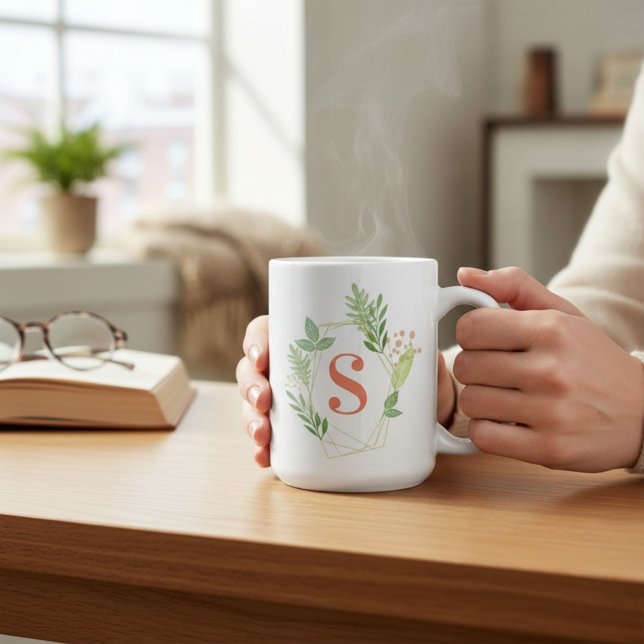 Green Floral Geometric Frame Monogram Coffee Mug (Creator Uploaded)