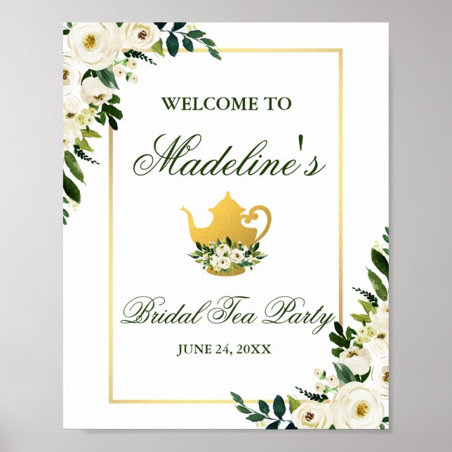 Green Floral Gold Bridal Shower Tea Party Welcome Poster (Front)