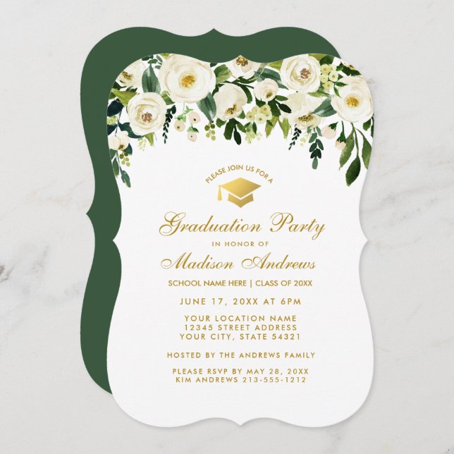 Green Floral Gold Graduation Party Invite G (Front/Back)