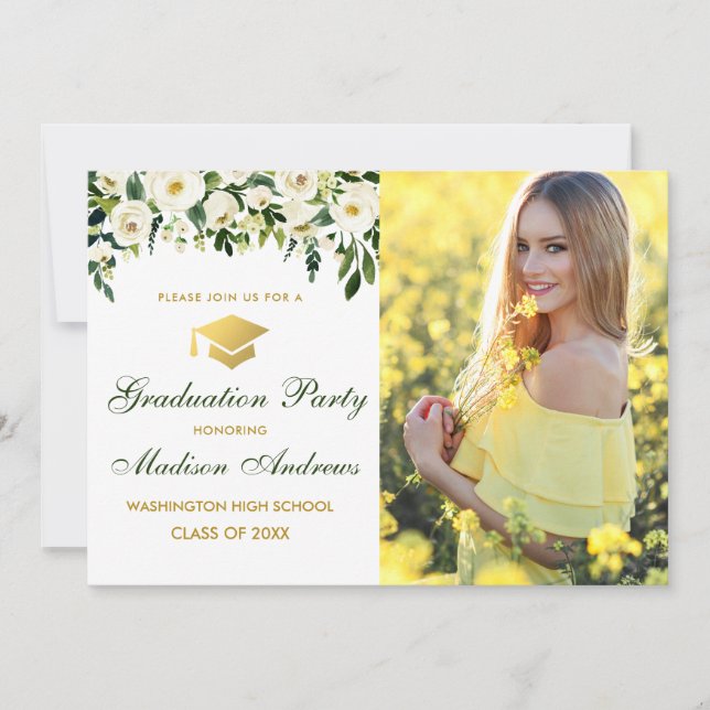 Green Floral Gold Photo Graduation Party Invite (Front)