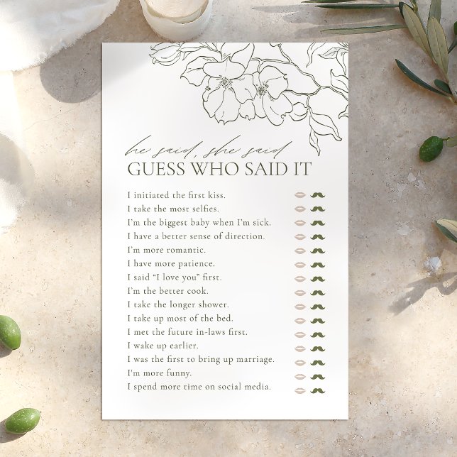 Green floral He said She said bridal shower game (Green floral He said She said bridal shower game)