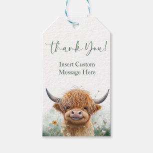 Green Floral Highland Cow baby shower favour tag