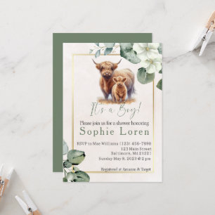 Green floral Highland cow baby shower invitation