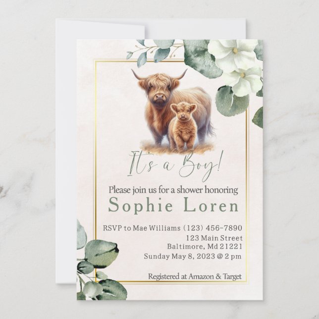 Green floral Highland cow baby shower invitation (Front)