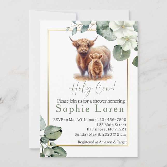 Green floral Highland cow baby shower Invitation (Front)