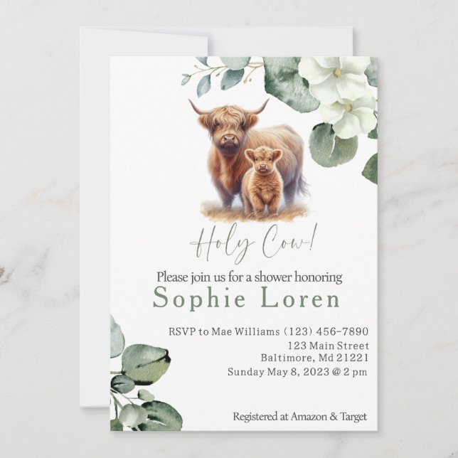 Green floral Highland cow baby shower Invitation (Front)