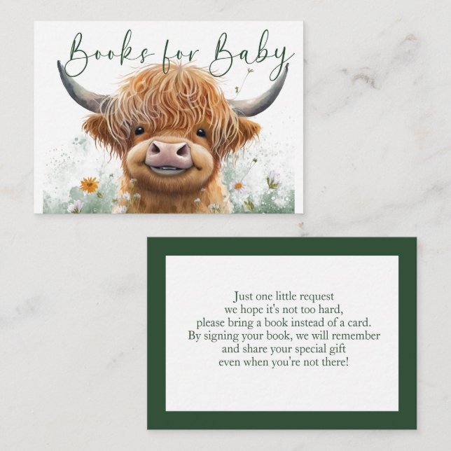 Green floral Highland cow Books for Baby Enclosure Card (Front/Back)