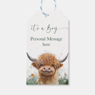 Green floral Highland cow it's a boy Gift Tags