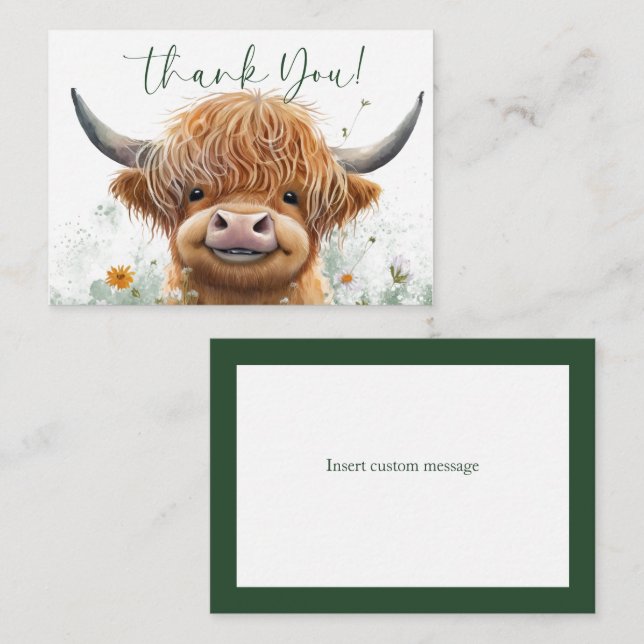 Green floral Highland Cow thank you card (Front/Back)