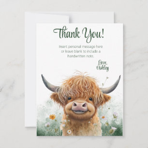 Green floral Highland cow thank you card