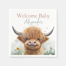 Green floral Highland cow welcome baby napkins