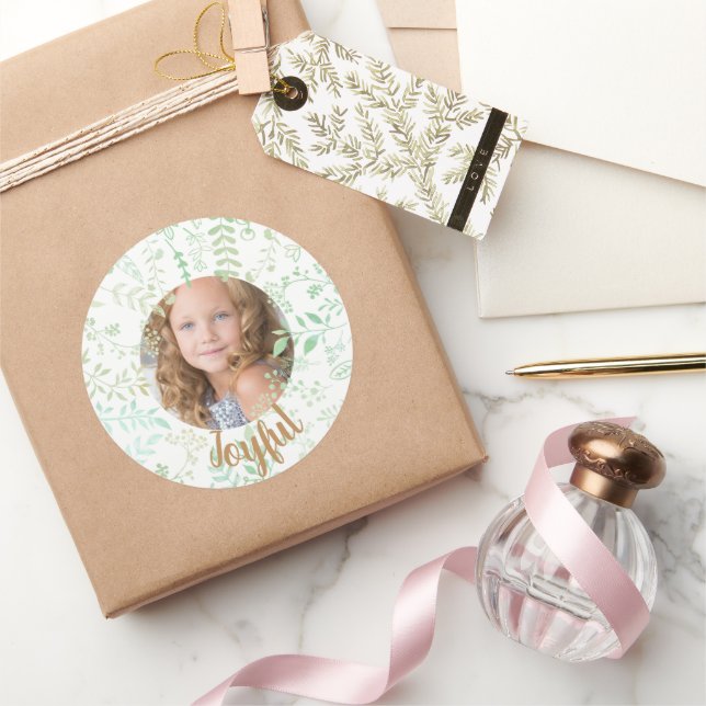 Green Floral Joyful Christmas Holiday Photo Classic Round Sticker (Gifting)