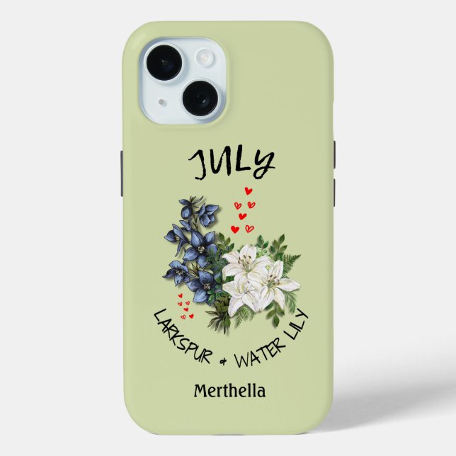 Green Floral JULY Birth Month Flower Custom Name Case-Mate iPhone Case (Back)