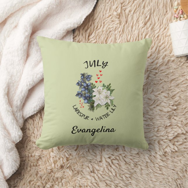 Green Floral JULY Birth Month Flower Custom Name Cushion (Blanket)