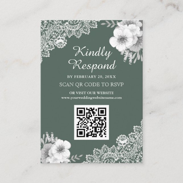 Green Floral Lace QR Code RSVP Wedding Website Enclosure Card (Front)