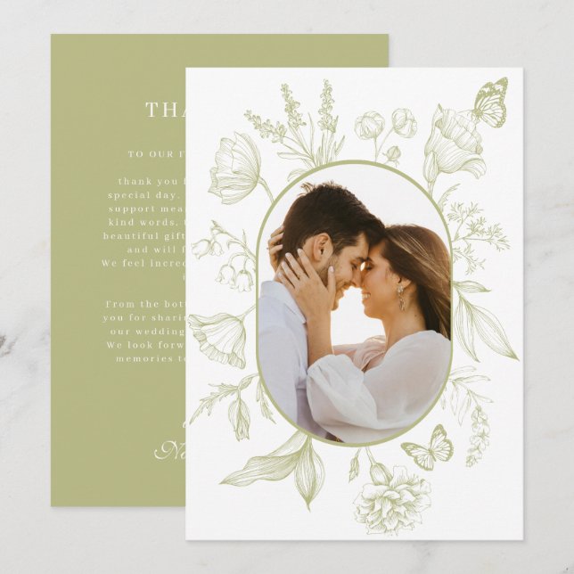 Green Floral Line Art Floral Butterfly Photo Thank You Card (Front/Back)