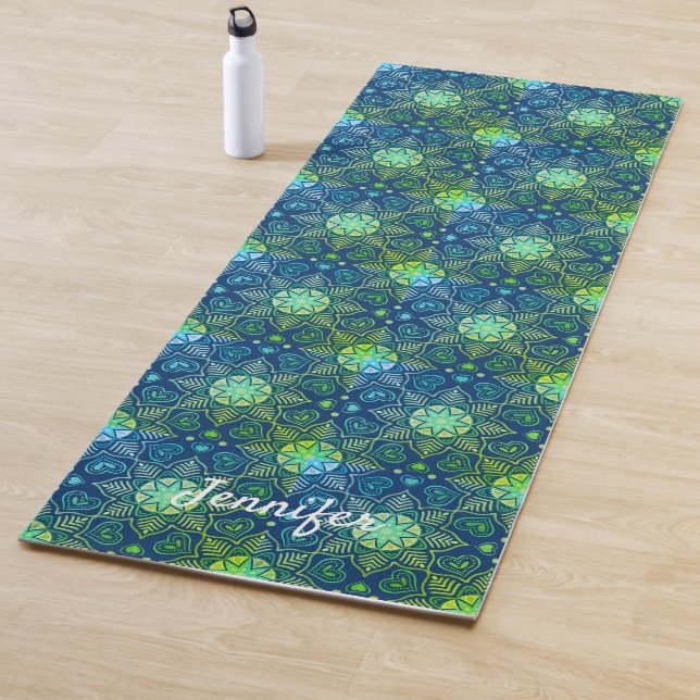 Green Floral Mandala Pattern on Navy Blue Yoga Mat (In Situ)