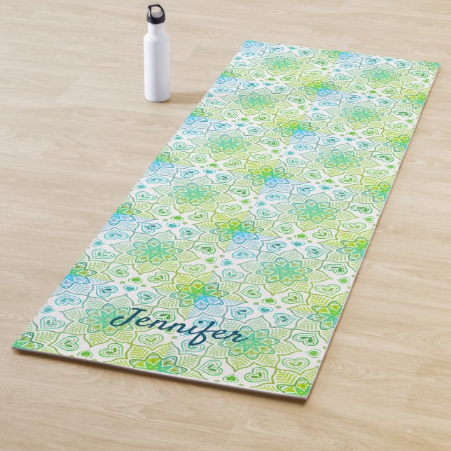 Green Floral Mandala Pattern on White Background Yoga Mat (In Situ)